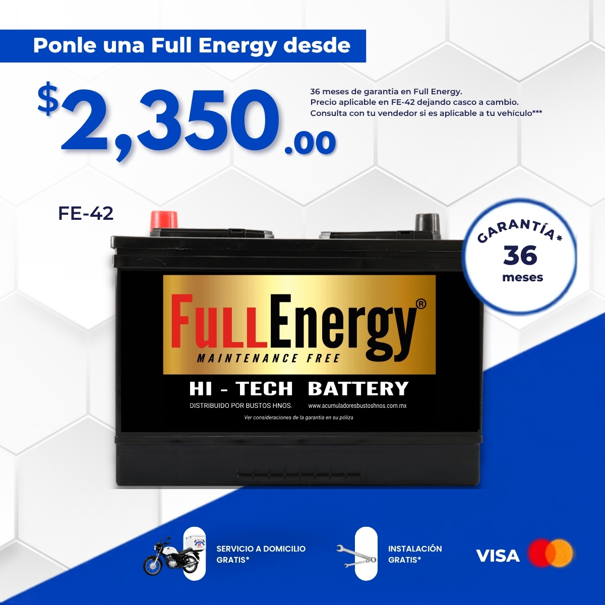 42 Full Energy Gold desde $2,350.00 MXN al cambio de la batería usada. Garantía anunciada de 36 meses, sujeta a póliza y aplicación del vehículo. Entrega e instalación gratis con la compra en la cobertura indicada.